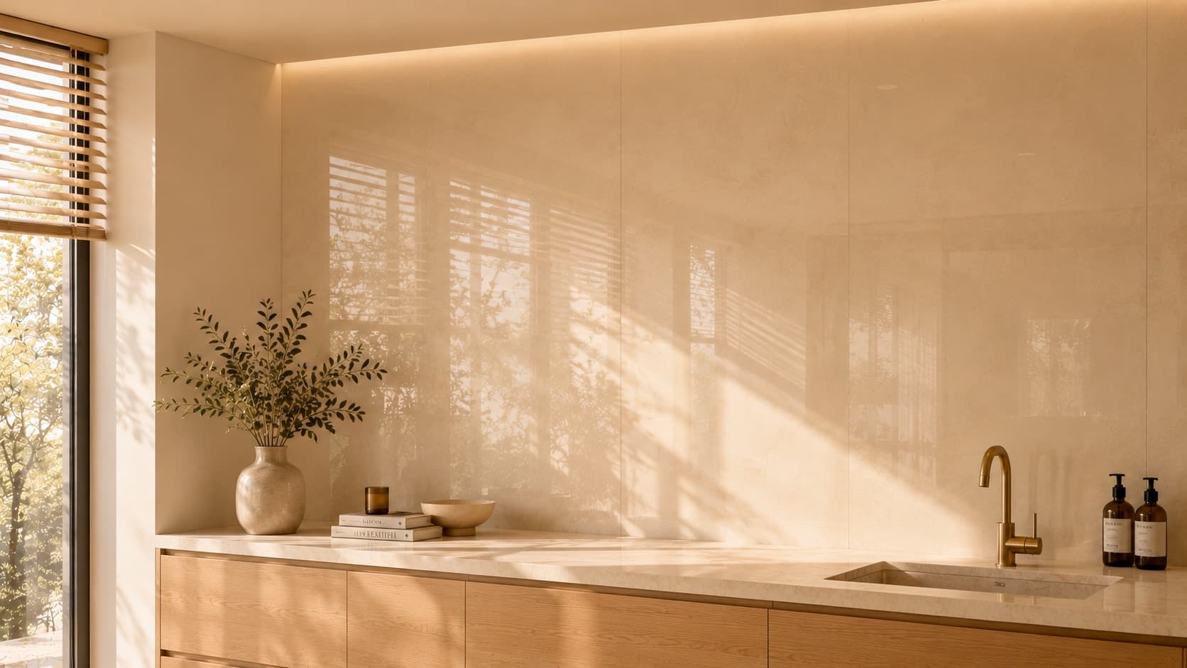 חדר רחצה pearl-warm — מקלחון frameless, ברז פליז, צמח זית בחלל פתוח